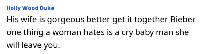 Comment text on a white background discussing Bieber, referencing relationship struggles behind Justin and Hailey Bieber’s troubled marriage. Comment text on a white background discussing Bieber, referencing relationship struggles behind Justin and Hailey Bieber’s troubled marriage.