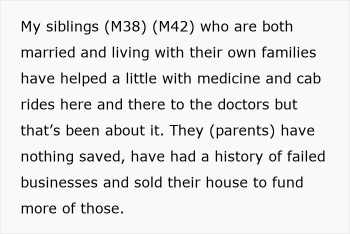 Text discussing elderly parents expecting daughter support after squandering savings on failed business schemes and selling their house. Text discussing elderly parents expecting daughter support after squandering savings on failed business schemes and selling their house.