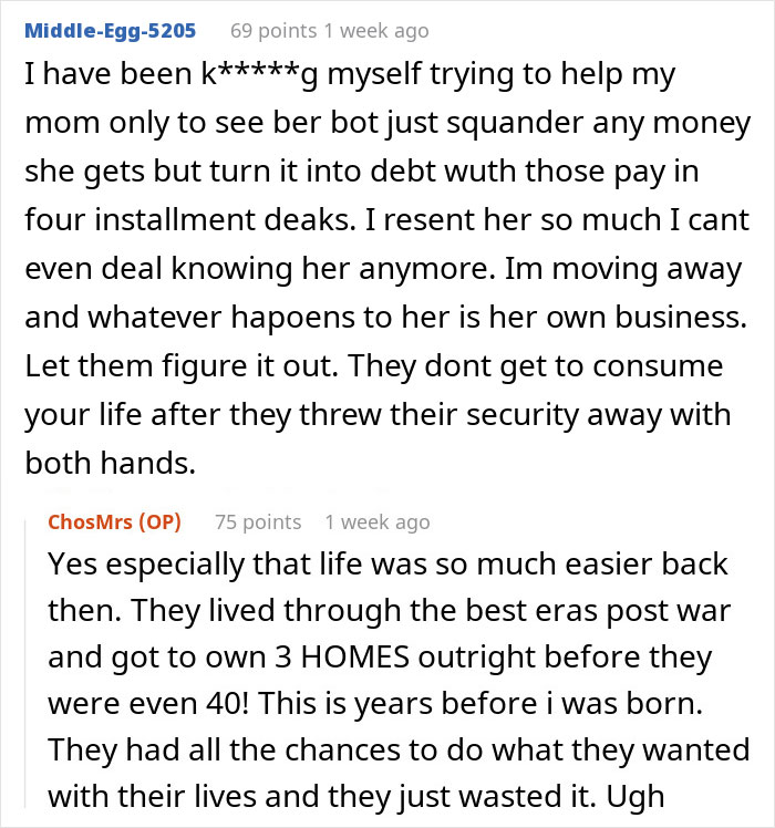 Comment discussing elderly parents expecting daughter support after squandering savings on bad business schemes. Comment discussing elderly parents expecting daughter support after squandering savings on bad business schemes.