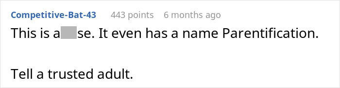 Screenshot of an online comment explaining parentification and urging to tell a trusted adult about it.