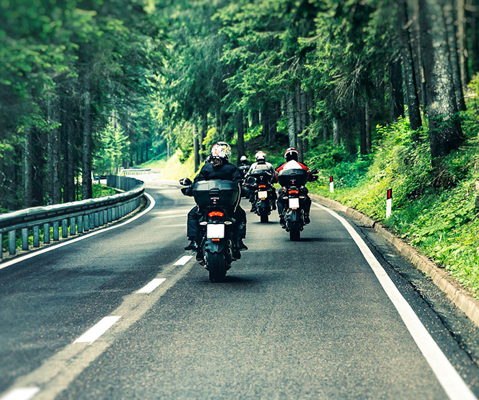 Three motorcyclists riding on a winding forest road, illustrating freedom and adventure linked to growing up with a psychopath.