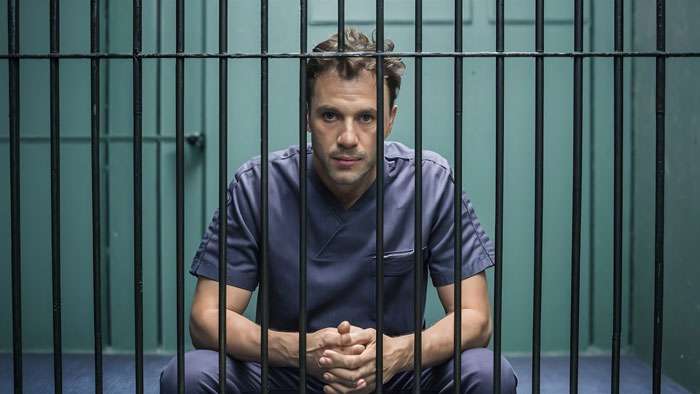 Man behind bars in prison, representing domestic violence accusation and emotional struggle in a confined space.