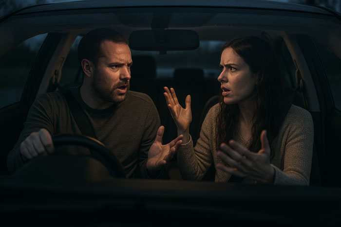 Man and woman arguing intensely inside a car, portraying conflict and lack of empathy in a domestic setting.