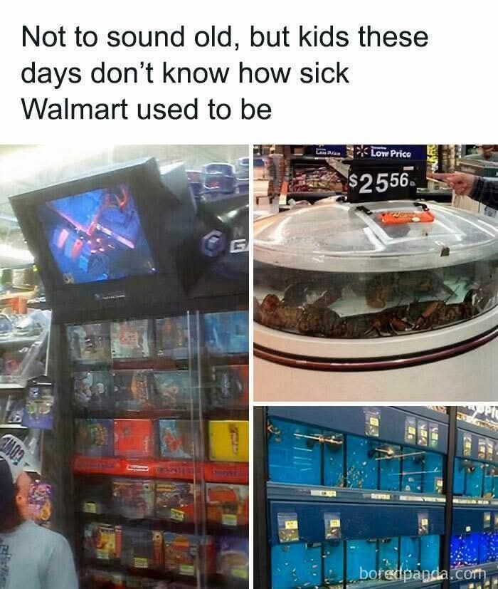 Old Walmart displays featuring retro gaming carts, live seafood tanks, and fish aquariums for nostalgic shoppers.