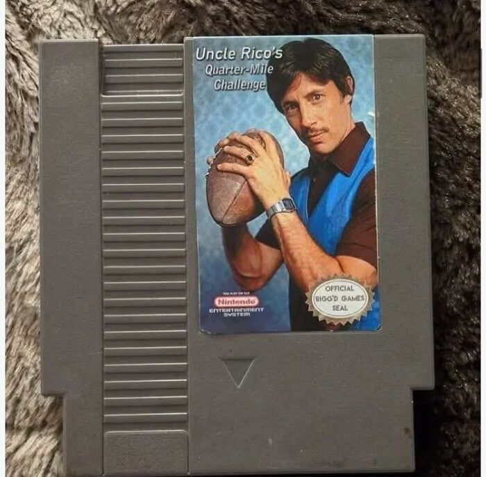 Retro gaming cartridge featuring Uncle Rico's Quarter-Mile Challenge for Nintendo Entertainment System nostalgia.