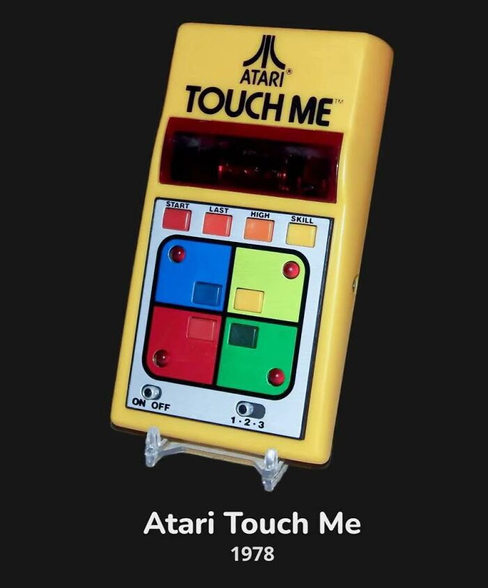 Retro gaming handheld device Atari Touch Me from 1978, showcasing nostalgia for 80s and 90s gaming fans.