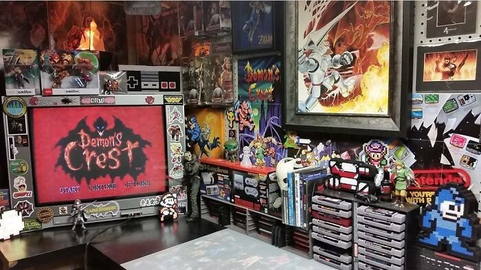 Retro gaming setup with classic consoles, pixel art, and memorabilia celebrating ’80s, ’90s, and ’00s nostalgia.