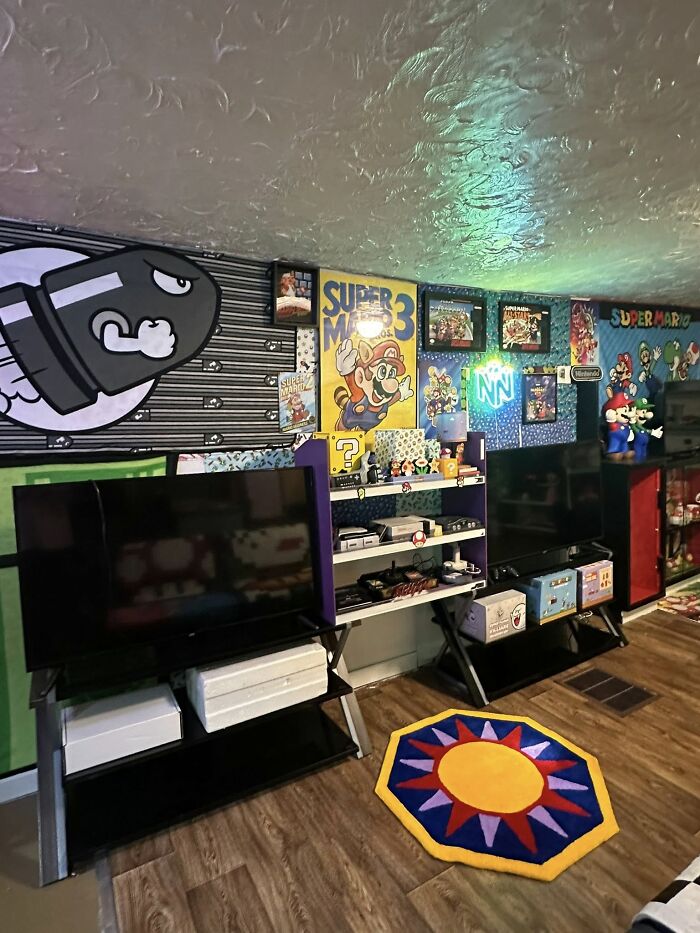 Retro gaming room with vintage consoles, Super Mario posters, and nostalgic collectibles from the ’80s and ’90s.