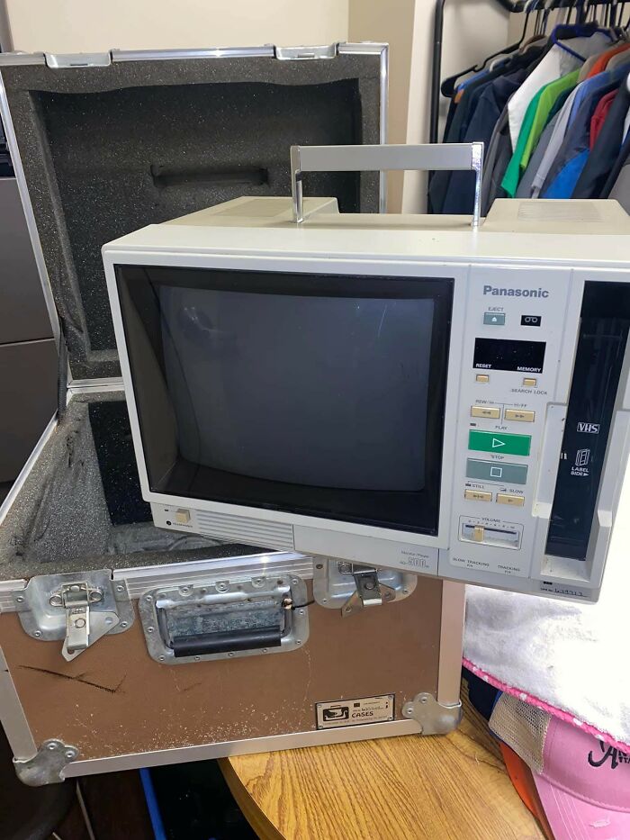 Vintage Panasonic portable VHS television with retro gaming nostalgia vibes from the ’80s and ’90s era.