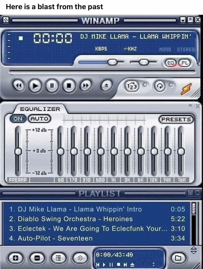 Retro gaming nostalgia with classic Winamp music player and playlist from the 90s era for nerds of past decades.