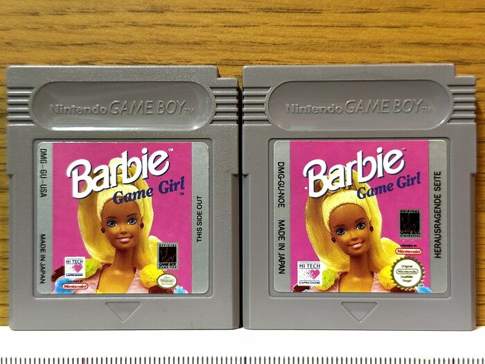 Two Nintendo Game Boy cartridges of Barbie Game Girl, showcasing retro gaming nostalgia from the ’80s and ’90s era.