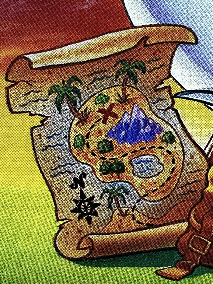 Retro gaming treasure map with palm trees, mountains, and an X marking the spot in a colorful cartoon style.