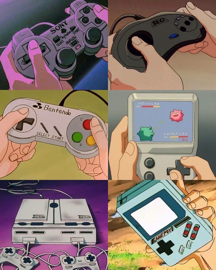 Hands holding retro gaming controllers and handheld consoles from the 80s, 90s, and 00s showcasing nostalgia.