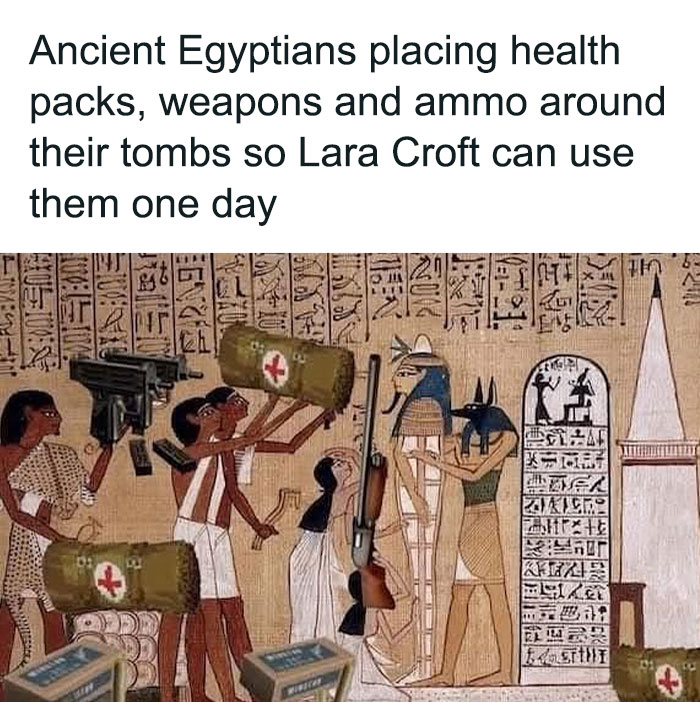Ancient Egyptian-style artwork showing health packs, weapons, and ammo placed around tombs for retro gaming and nostalgia.