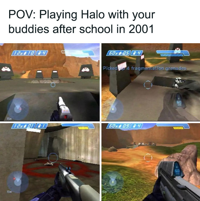 Gameplay screenshots from retro gaming Halo showing first-person shooter scenes and nostalgic video game action.