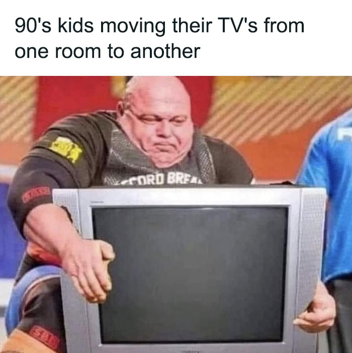 Man struggling to move an old CRT TV, capturing the retro gaming and nostalgia of 90s kids adjusting bulky tech.