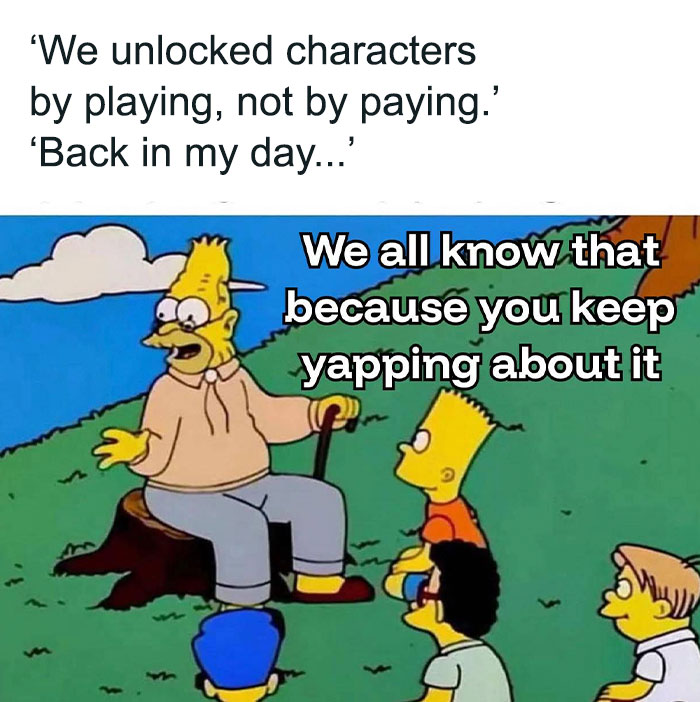 Grandpa character speaking to kids about unlocking game characters by playing, highlighting retro gaming and nostalgia culture.