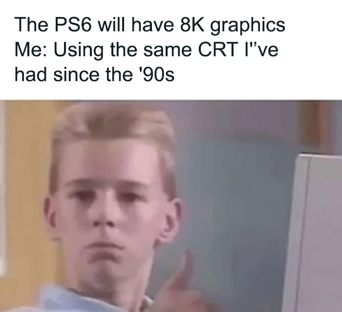 Young man giving thumbs up next to old CRT monitor, referencing retro gaming and nostalgia from the ’90s era.