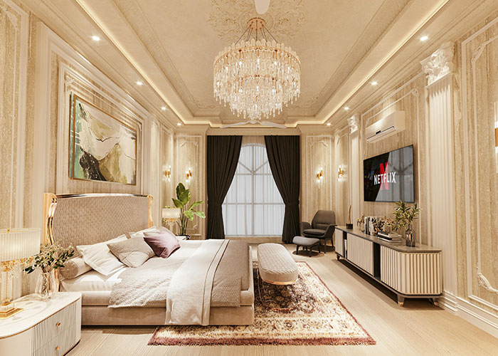 Luxurious bedroom with chandelier, ornate walls, and modern entertainment, showcasing absurd things rich people spend money on.
