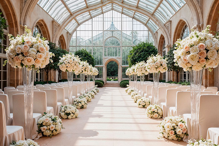 Luxurious floral arrangements line an elegant glass-ceiling venue, showcasing absurd things rich people spend money on.
