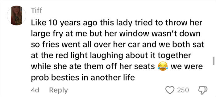 Comment describing a road rage passenger&rsquo;s failed coffee toss at a driver, highlighting instant karma moment in viral video.