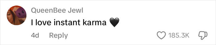 Social media comment expressing love for instant karma in response to a road rage passenger's coffee toss backfiring.