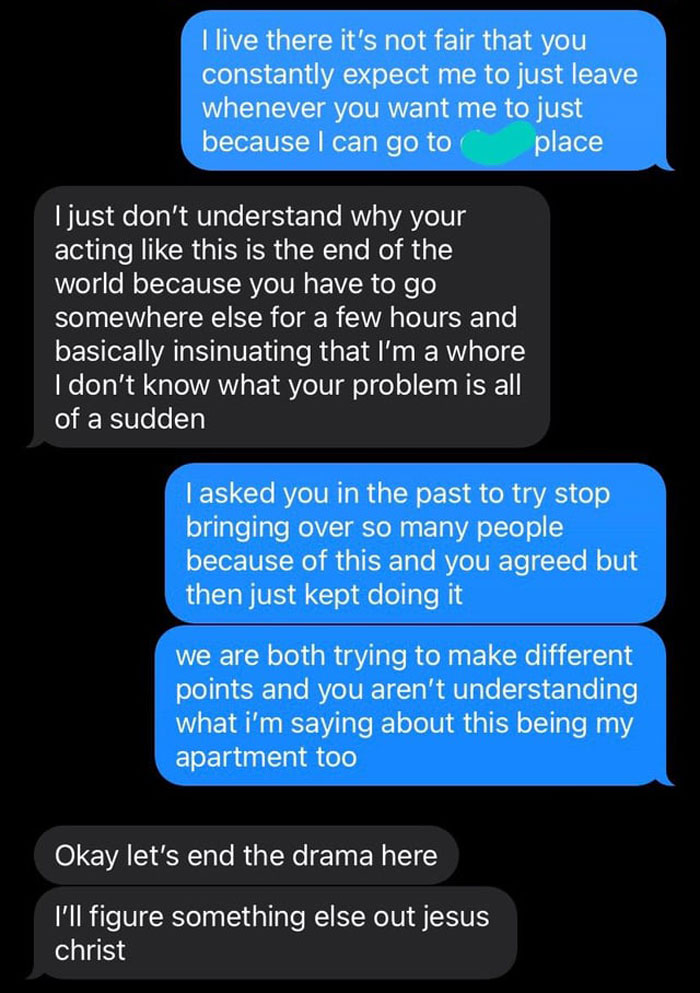 Text message exchange about a roommate who expects leaving and conflict over bringing people to sleep with guys in shared apartment. Text message exchange about a roommate who expects leaving and conflict over bringing people to sleep with guys in shared apartment.