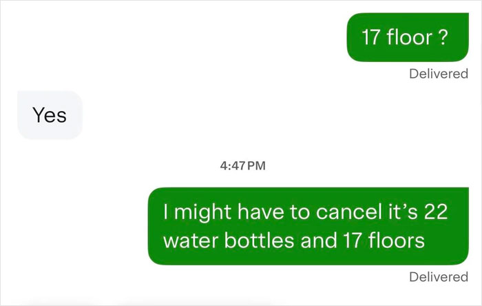 Text exchange about customer demanding Instacart shopper carry 22 water bottles up 17 floors, hinting at tipping.