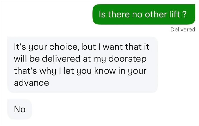 Text message exchange showing a customer demanding Instacart shopper deliver water despite no other lift available.
