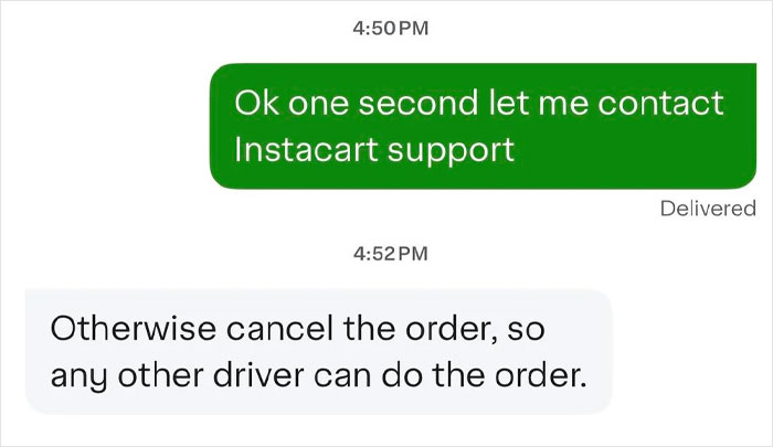Text message exchange about contacting Instacart support and canceling order amid customer demands for tip.