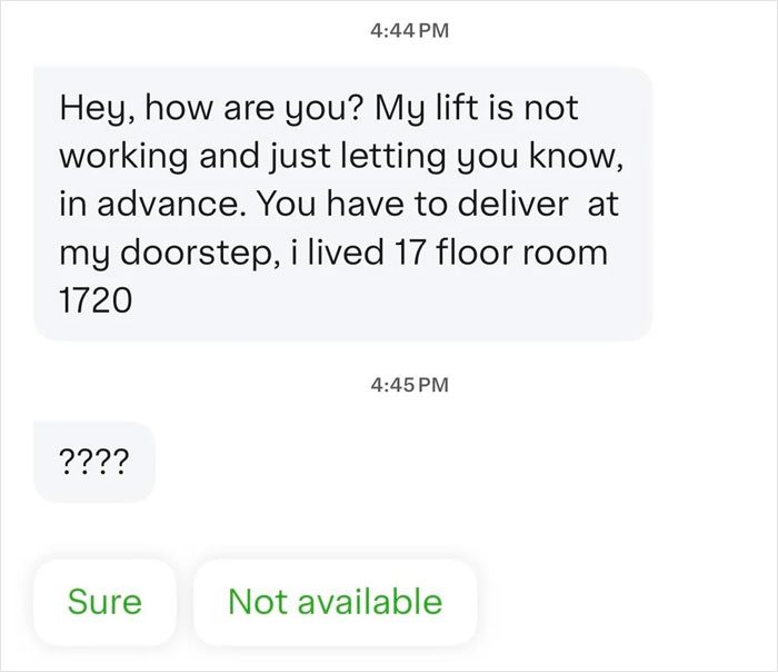 Text message from customer demanding Instacart shopper deliver water to 17th floor due to broken lift, hinting at tip request.