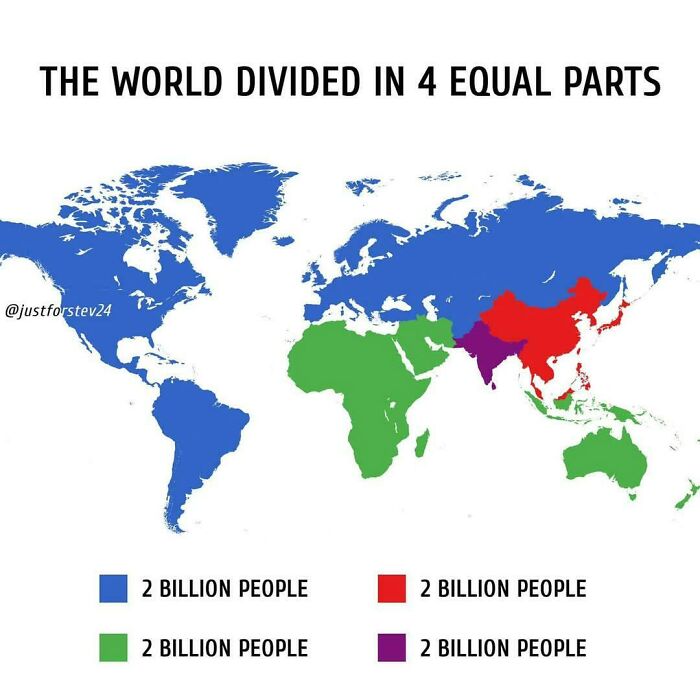 Map showing the world divided into four equal parts by population, illustrating unique geography facts and maps.