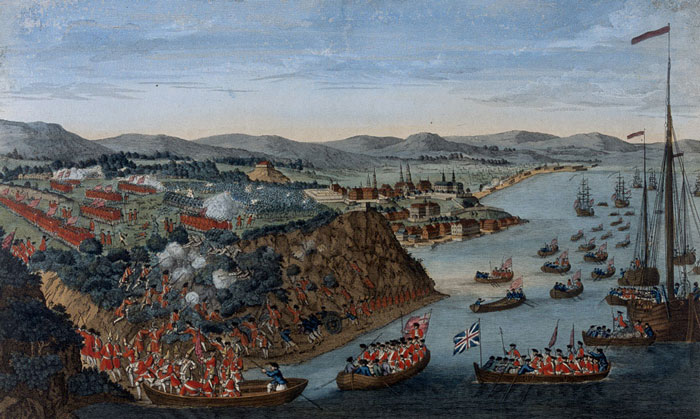 Historical painting depicting a naval battle near Sanday ship wreck with soldiers and multiple ships on the water.