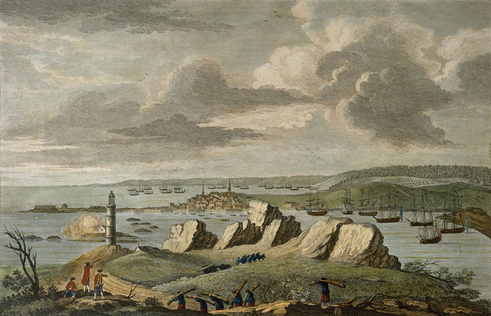Coastal scene showing several ships near rocky cliffs with figures onshore, depicting a historic Sanday ship wreck event.