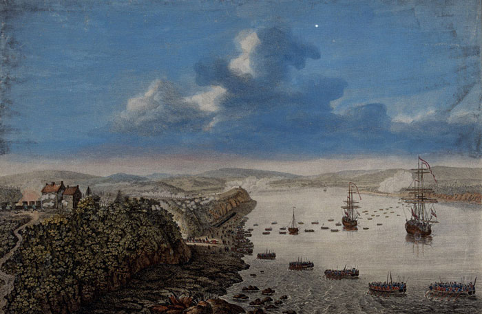 Sailboats near rocky cliffs with rowboats approaching shore under a cloudy sky at Sanday ship wreck site.