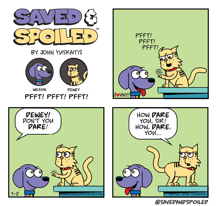 Comic strip featuring a dog and cat in daily chaos, showcasing humorous interactions between Wilson and Dewey.