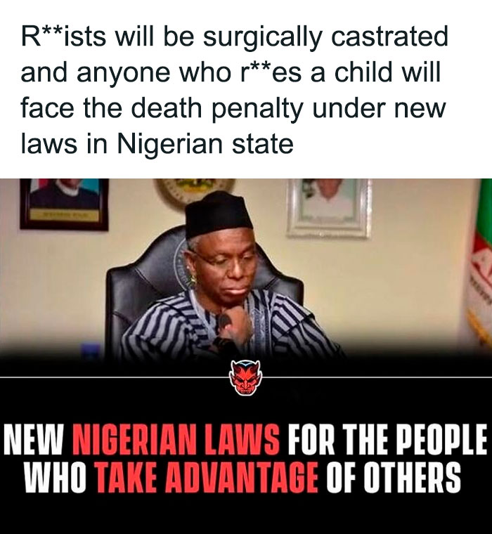 Man in traditional attire announcing new Nigerian laws targeting rapists, part of random creepy facts about harsh punishments.