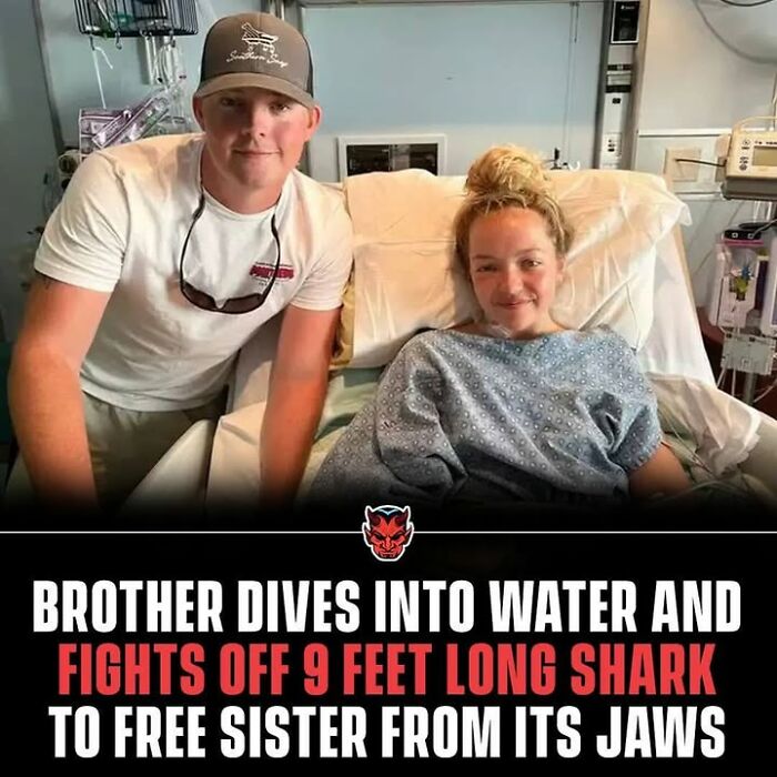 Brother and sister in hospital, highlighting a creepy fact about fighting off a 9 feet long shark rescue.