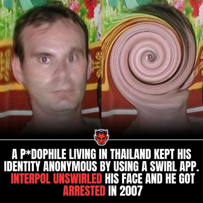 Side-by-side images of a man's face, one normal and one distorted with a swirl effect, showcasing creepy visual manipulation.