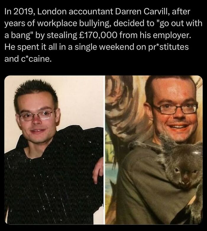 Two photos of a man with glasses accompanied by a creepy fact about a London accountant's shocking actions.
