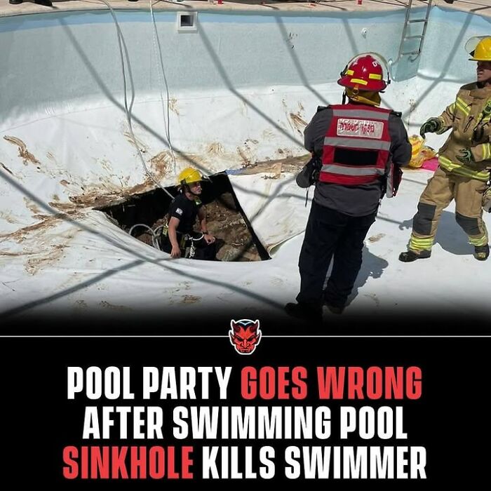 Rescue team inspecting a swimming pool sinkhole, a creepy fact that could deprive somebody of sleep.