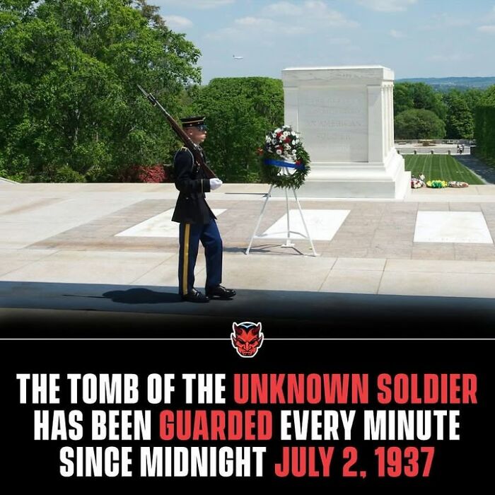 Guard standing watch at the tomb of the unknown soldier, a creepy fact about nonstop guarding since 1937.