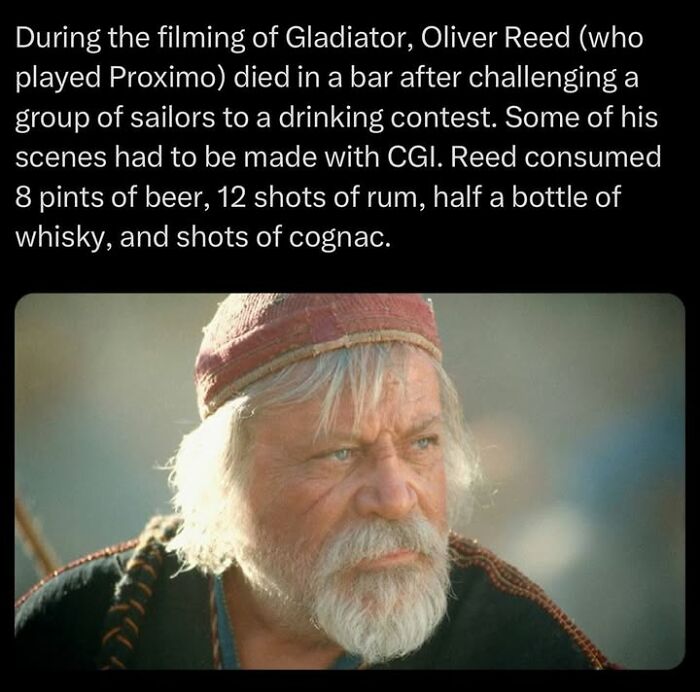 Actor Oliver Reed as Proximo in Gladiator, linked to a creepy fact about his death and CGI usage in the film.