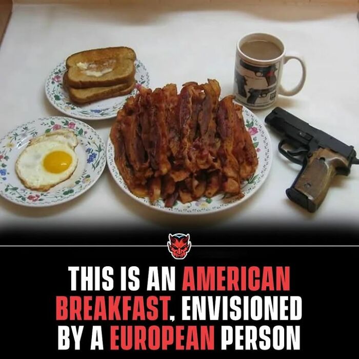 Plate of bacon, fried egg, toast, coffee, and handgun on table illustrating random creepy facts image with breakfast theme.