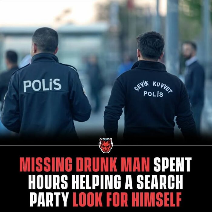 Two police officers walking away with text about a missing man who unknowingly helped a search party creepy facts.