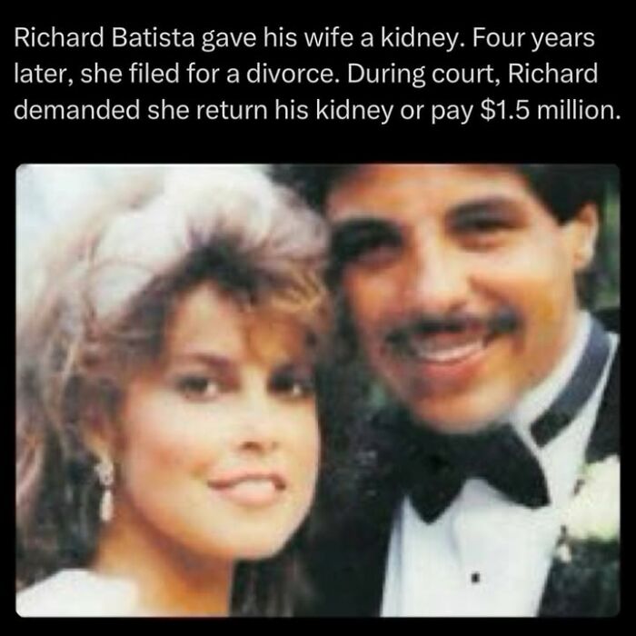 Couple in wedding attire with creepy fact about kidney donation and divorce from a creepy facts collection.