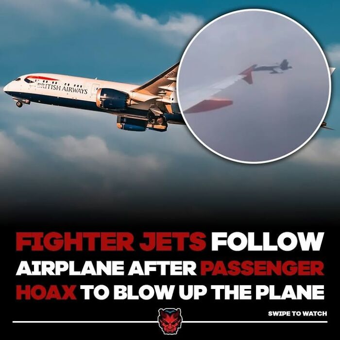 British Airways airplane with fighter jets nearby, illustrating a creepy fact about suspicious passenger plane threats.