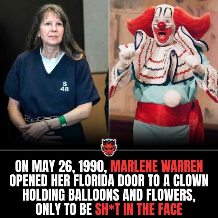 Woman in prison uniform with shackles beside a creepy clown in costume illustrating random creepy facts and pictures.