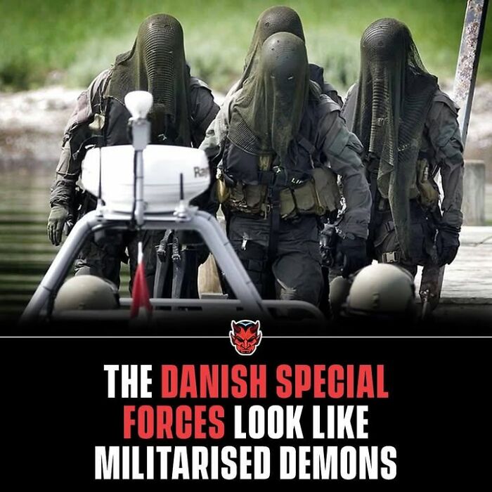Danish special forces in creepy full-face mesh gear, appearing intimidating and unsettling in a military setting.