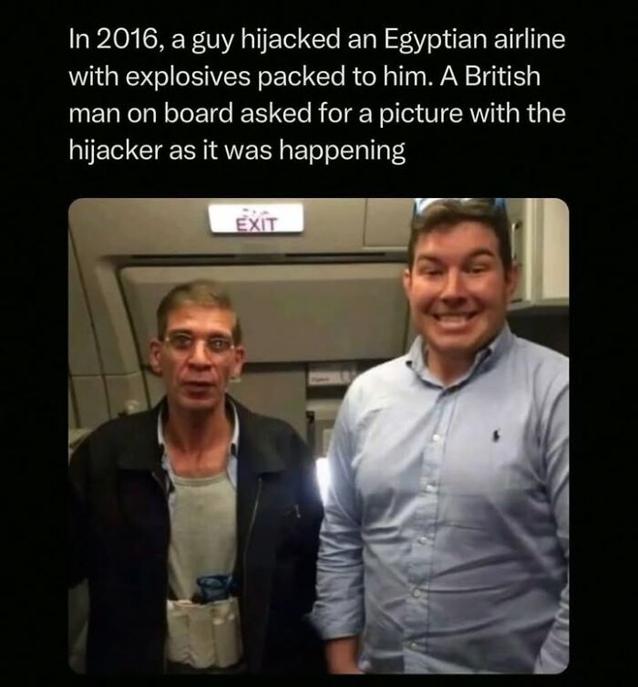 Two men inside an airplane cabin, one wearing explosives, illustrating a random creepy fact to deprive somebody of sleep.